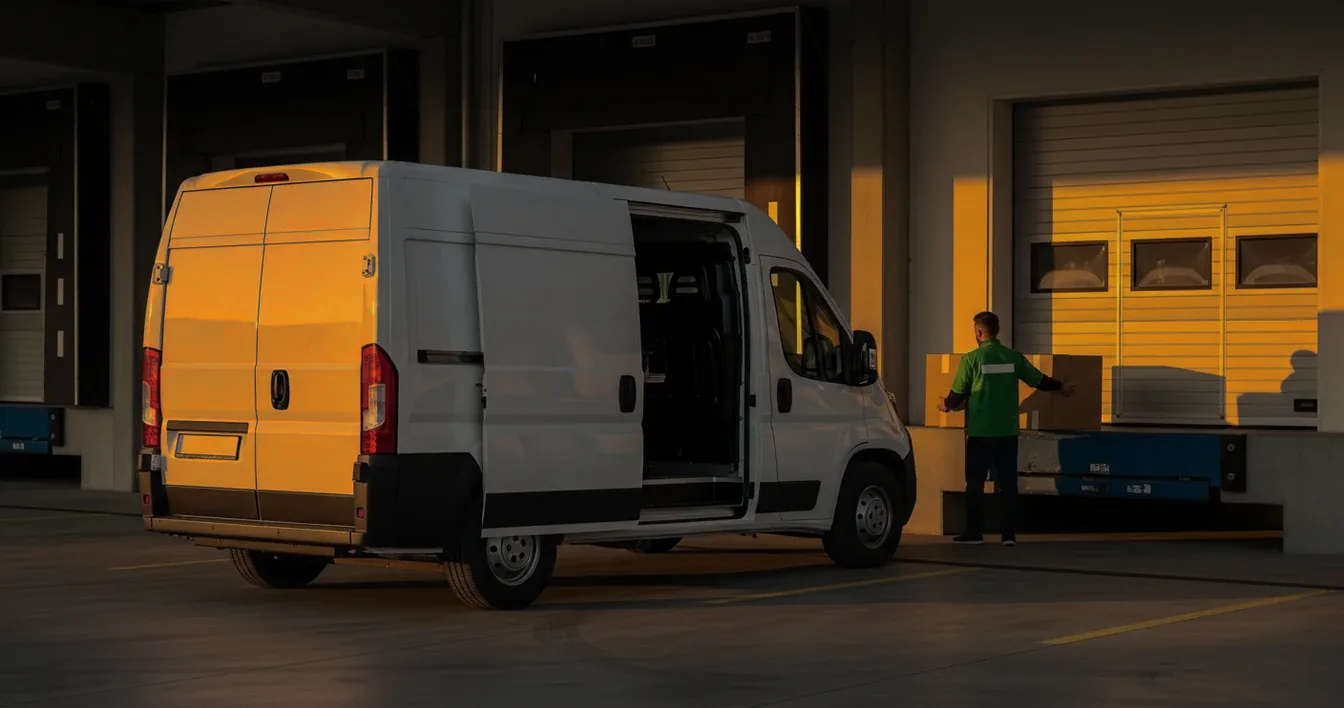 Biely Fiat Ducato pri nakládke v modernom sklade, kuriér s krabicou v zlatom podvečernom svetle