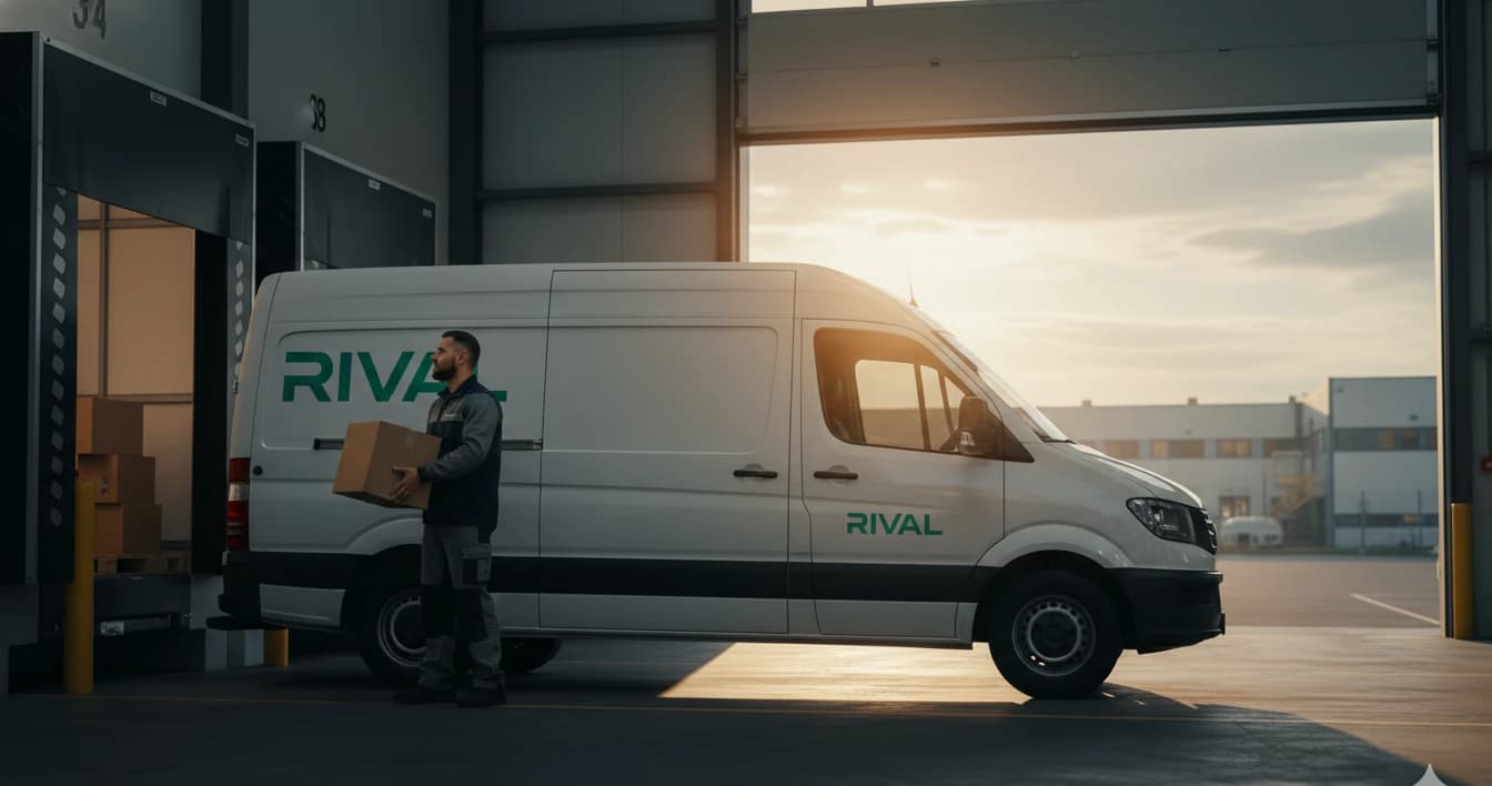 Biely VW Crafter RIVAL pri nakládke v modernom sklade na Slovensku, kuriér v pracovnej uniforme, zlaté svetlo