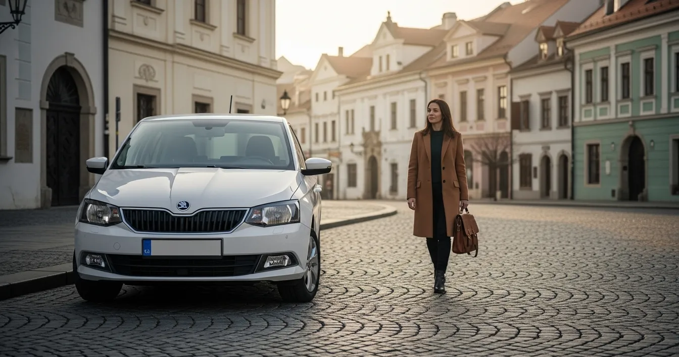 Biela Škoda Fabia na dlažbe historického slovenského námestia, podnikateľka v kamel kabáte prichádza k autu v rannom svetle