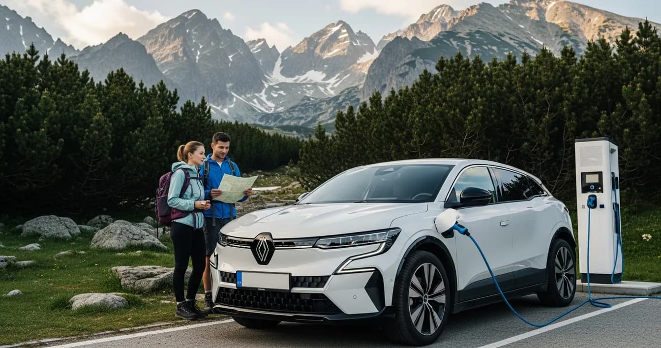 Biely Renault Mégane E-Tech pri nabíjacej stanici pod Tatrami, mladý pár s turistickou výbavou