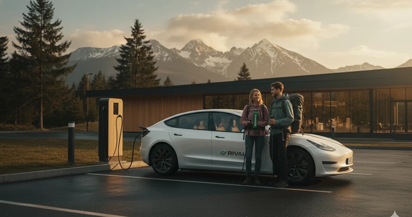 Biela Tesla Model 3 RIVAL pri nabíjacej stanici v TANAP, mladý párik s turistickým vybavením a horami v pozadí