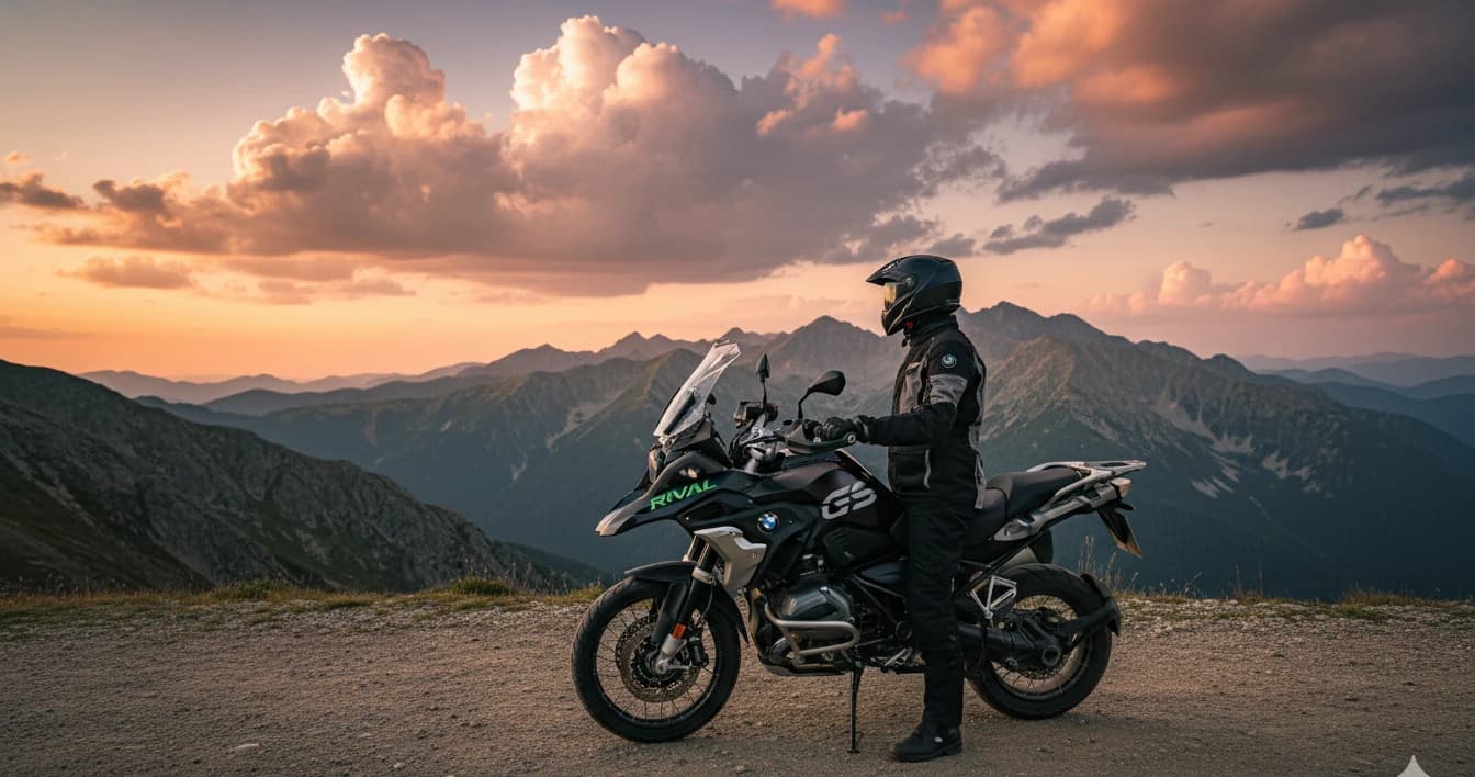 Čierna BMW R1250GS RIVAL na odľahlej tatranskom hrebeni pri zlatom slnku, jazdec hľadí na panorámu