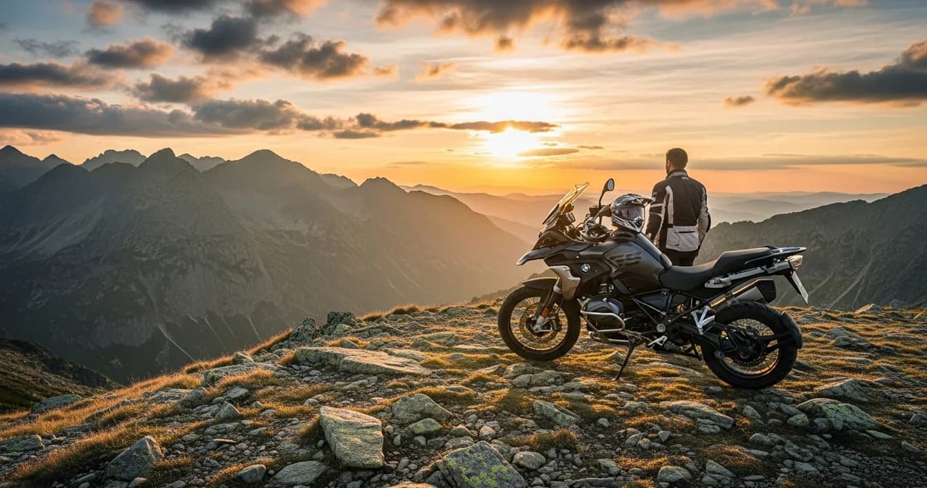 Čierna BMW R1250GS na tatranskom hrebeni v zlatej hodine, jazdec hľadí na panorámu hôr