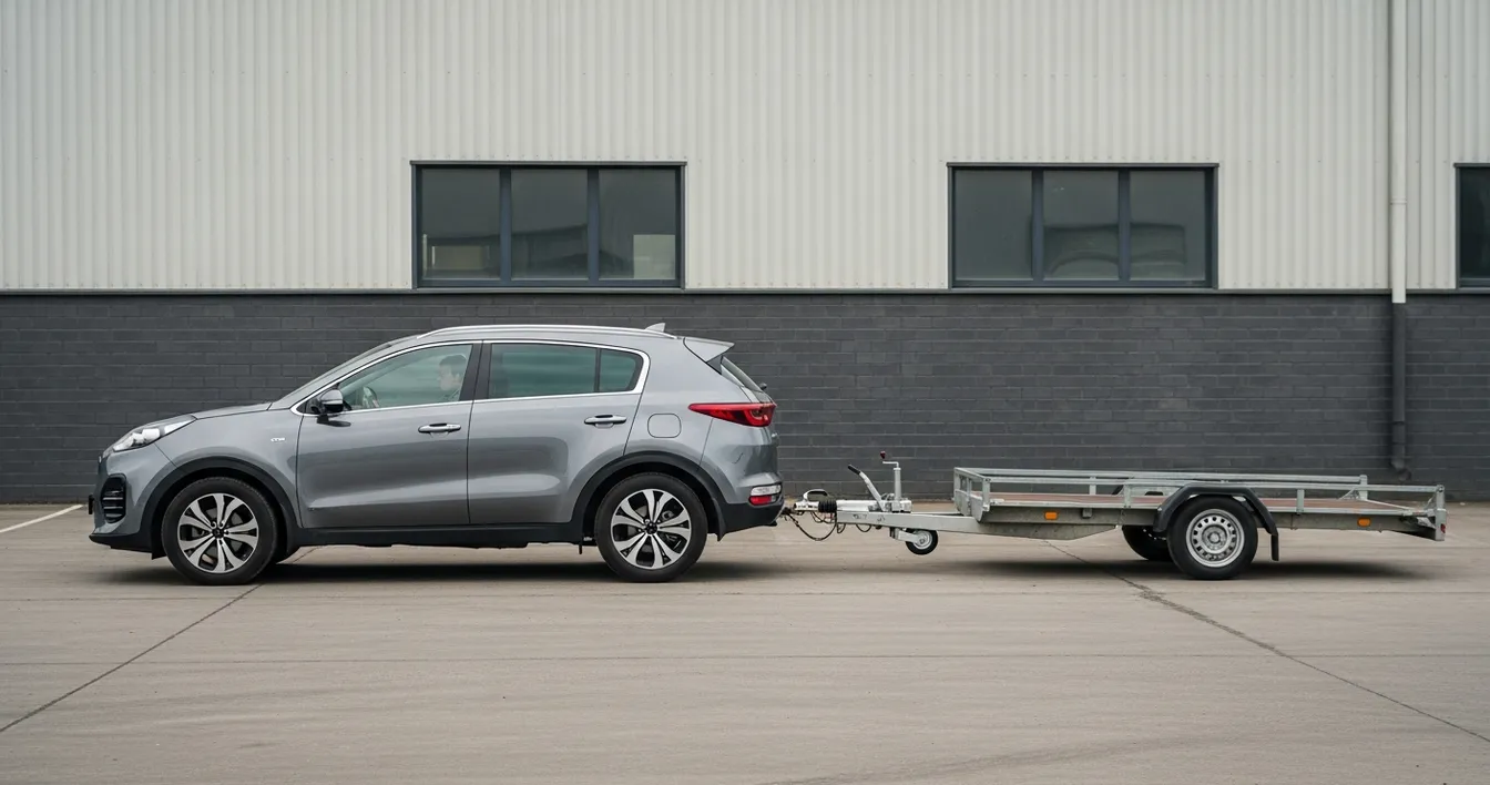 Sivá Kia Sportage ťahá jednonápravový sklápací vozík za zadným ťažným zariadením