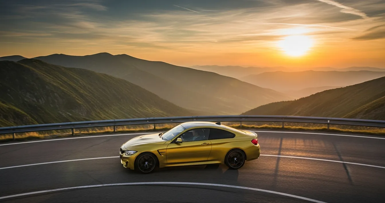 Žlté BMW M4 kupé na horskej serpentíne pri dramatickom západe slnka