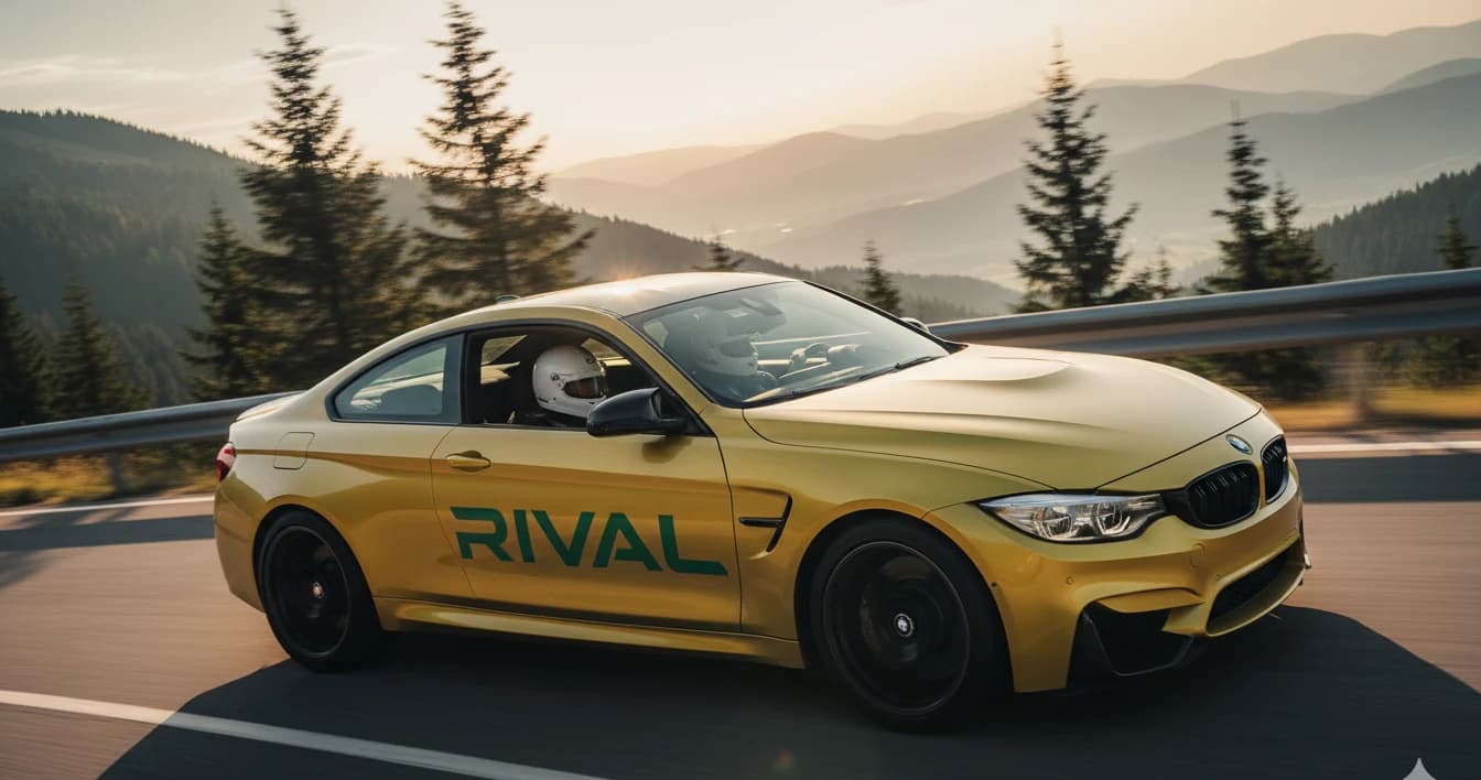 Zlatožltý BMW M4 RIVAL na horskej serpentíne nad Donovaľmi, pohybová neostrosť zábradlí, vzrušenie výletu