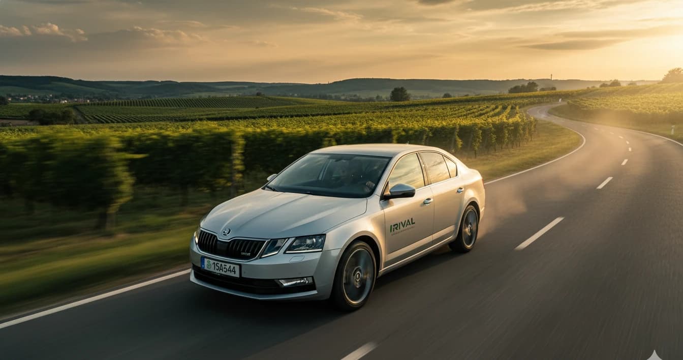 Strieborná Škoda Octavia na kľukatej ceste cez slovenské vinohrady pri Modre, zlatý západ slnka