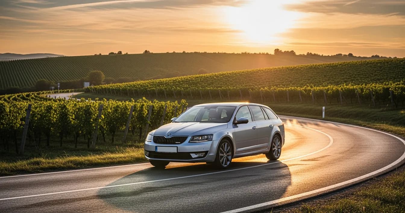 Strieborná Škoda Octavia na kľukatej ceste cez vinohrady pri Modre v zlatom západe slnka