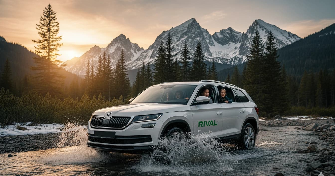 Biely Škoda Kodiaq RIVAL prechádza horský potok vo Vysokých Tatrách, dramatické borovice a zasnežené štíty