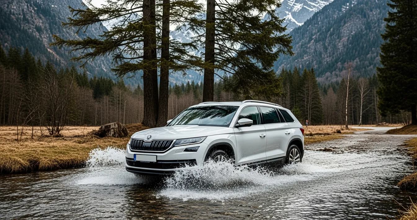 Biela Škoda Kodiaq brodí horský potok vo Vysokých Tatrách, zasnežené štíty a borovice v pozadí