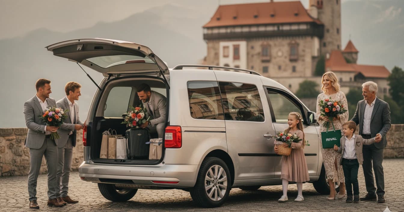Strieborný VW Caddy minivan pred hradom Bojnice, viacgeneračná rodina nakladá kvety na svadbu