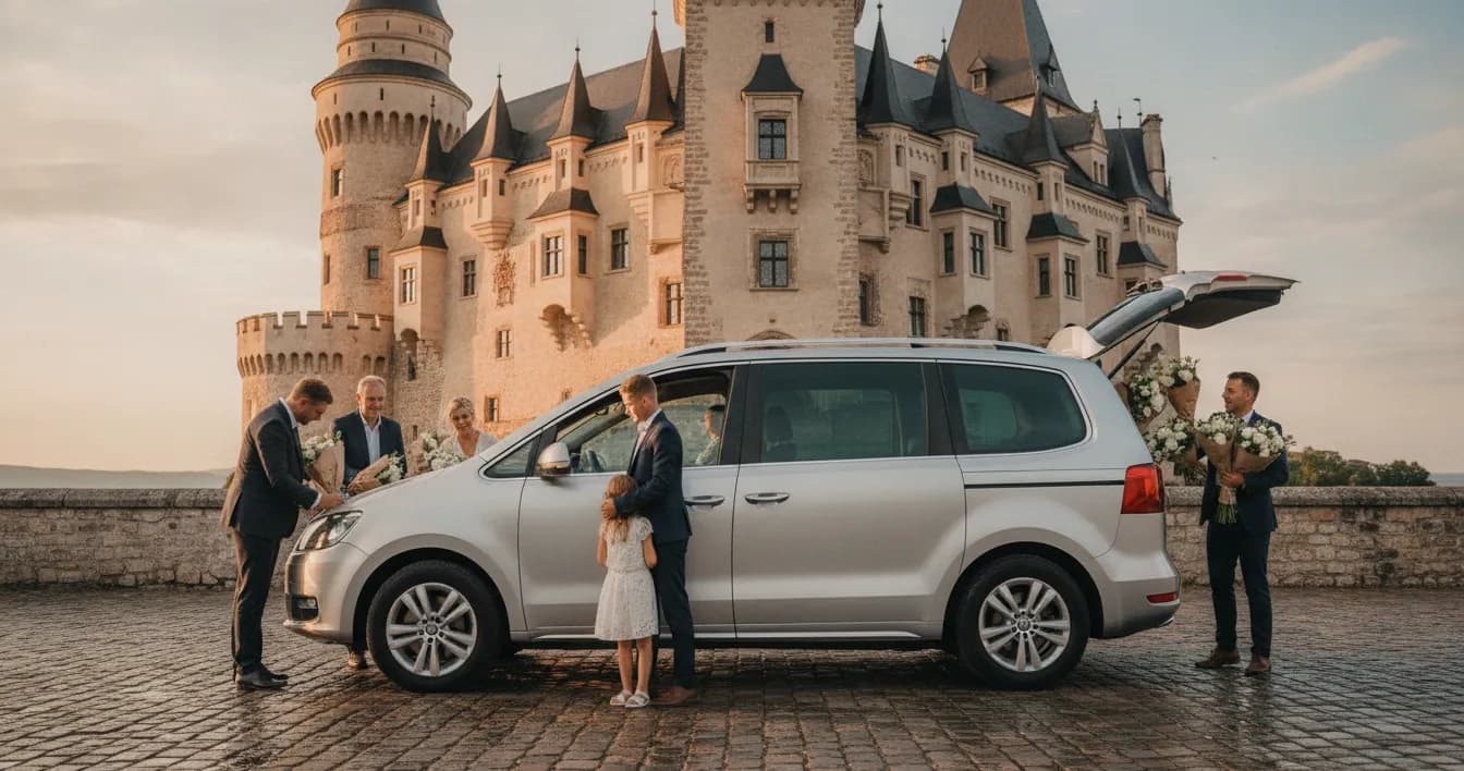 Strieborný Seat Alhambra pred zámkom, viacgeneračná rodina nakladá svadobné kvety do kufra