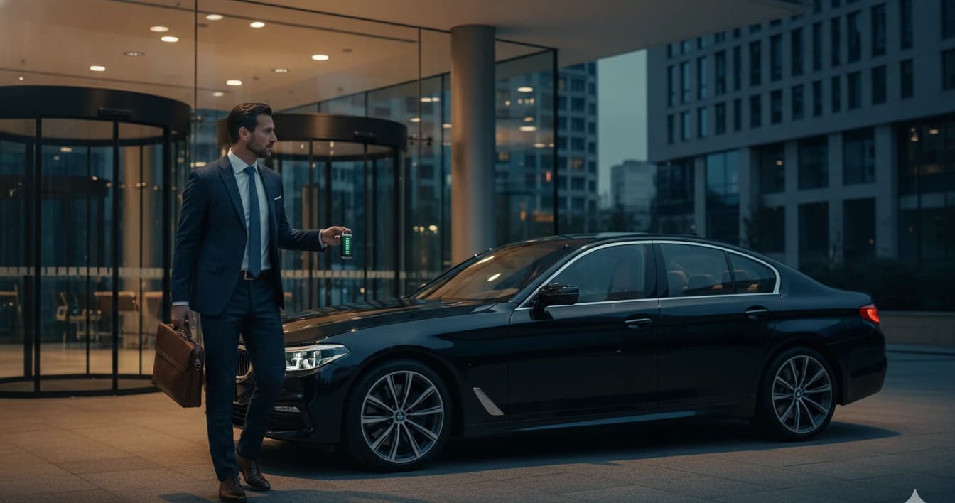 Čierne BMW 5-series pred modernou sklenenou kancelárskou budovou, elegantný manažér s taškou v súmraku