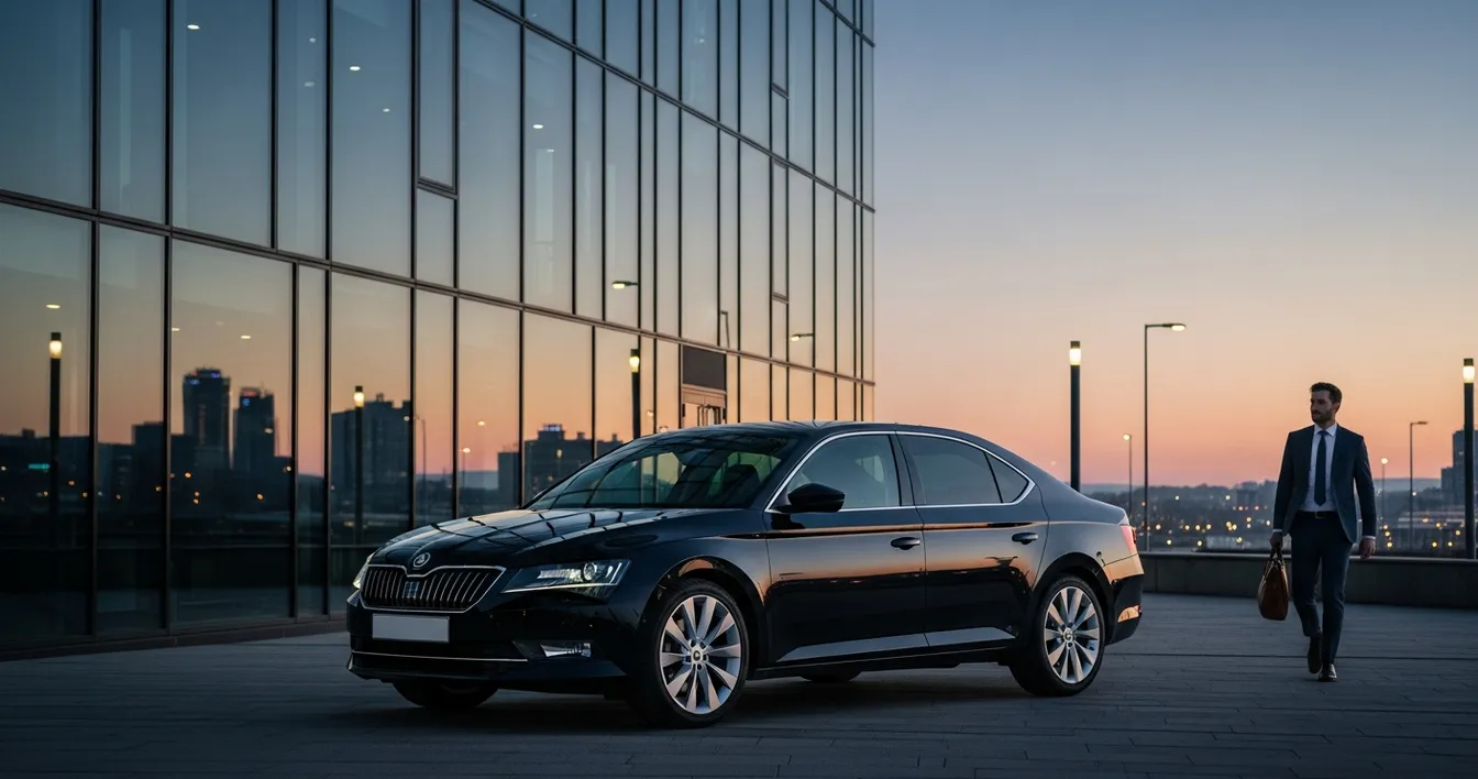 Čierna Škoda Superb pred modernou sklenenou budovou za súmraku, elegantný manažér s koženou taškou