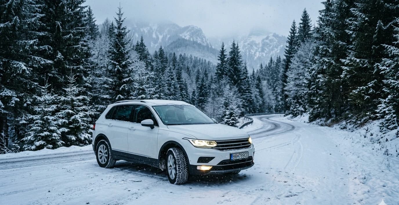 Biele SUV RIVAL na zasneženej tatranskej ceste s lesom v pozadí
