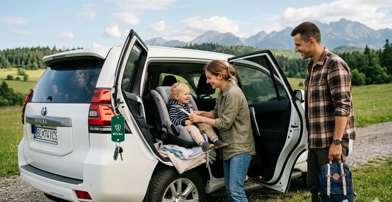 Rodina s dieťaťom v autosedačke pri otvorenej Škode Kodiaq na tatra lúke