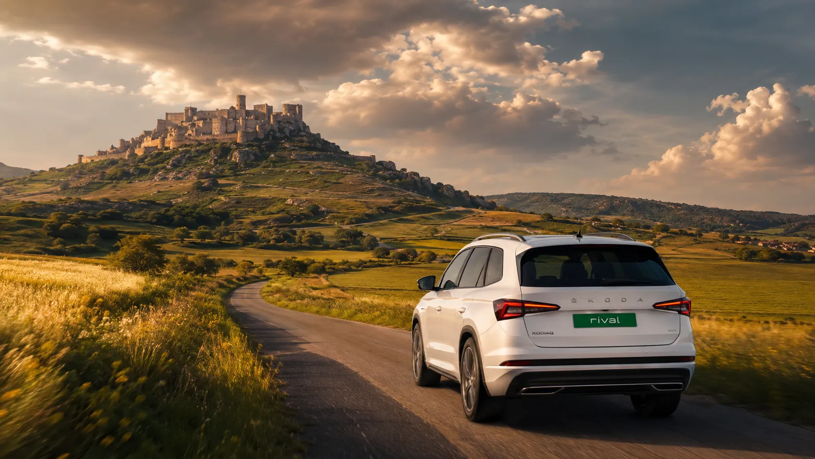 Tmavá Audi A6 s RIVAL ŠPZ pri modernej minimalistickej vile s bazénom a olivovníkom v noci