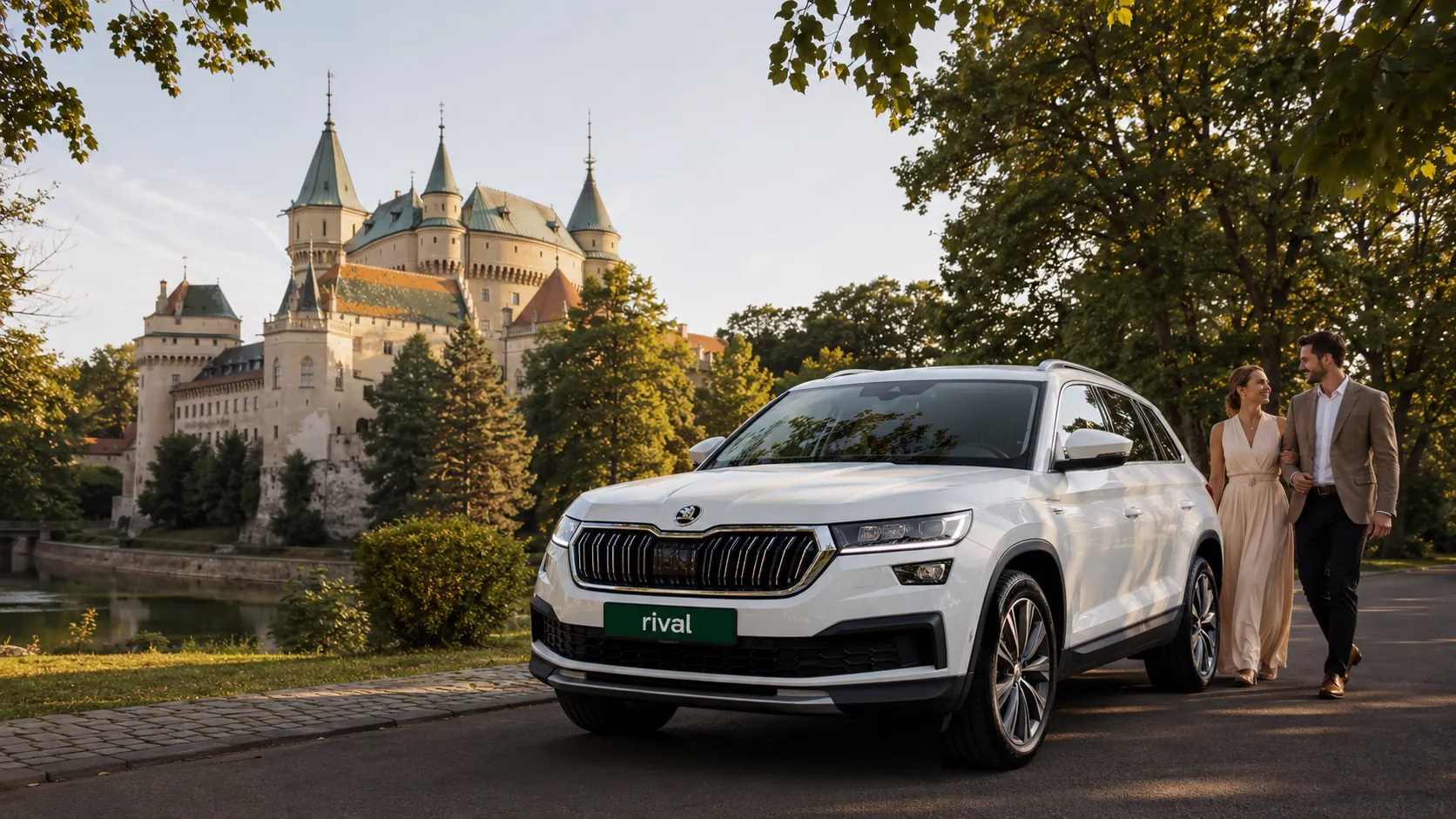 Modré BMW radu 3 s RIVAL ŠPZ na novom moste cez Dunaj s Bratislavským hradom pri zlatom západe slnka