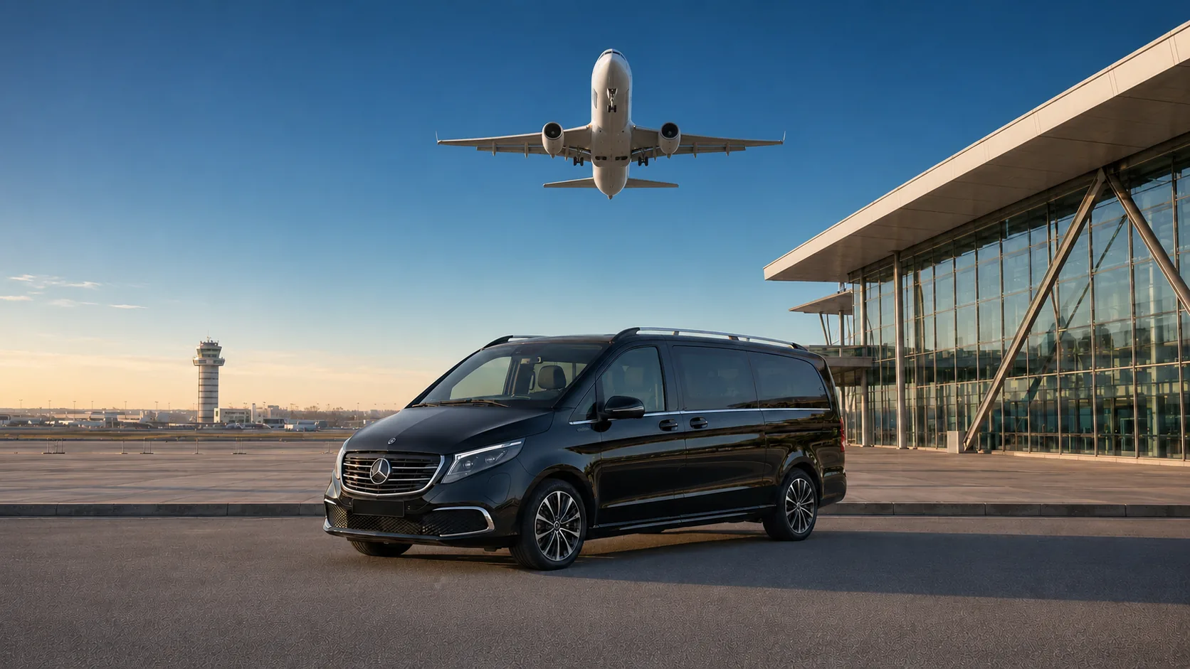 Černé 9místné vozidlo Mercedes V-Class na letištní ploše před terminálem, nad ním startující letadlo — letištní transfery a přeprava osob