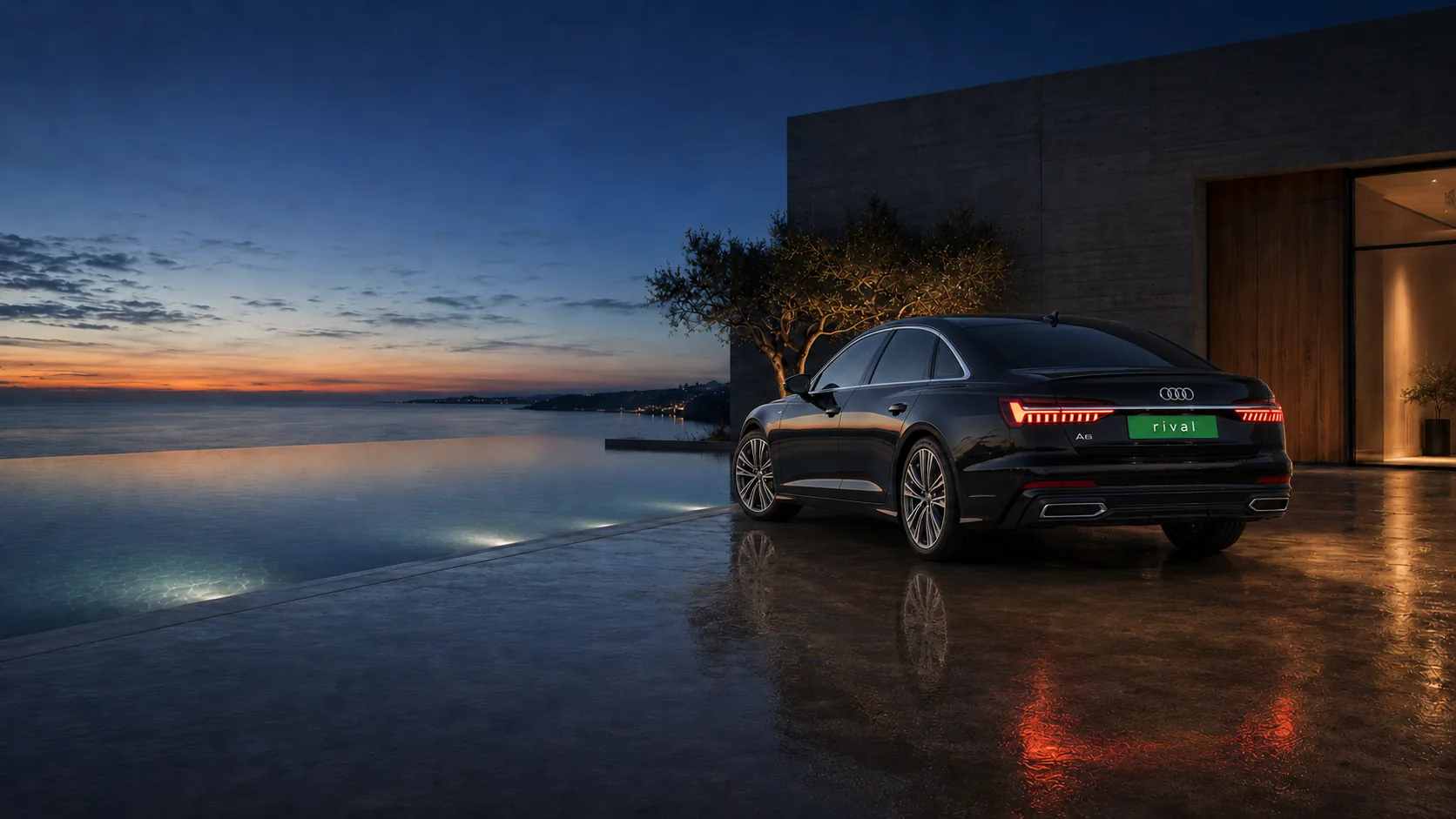 Tmavá Audi A6 s RIVAL ŠPZ na mokrej terase minimalistickej vily pri vode za modrého súmraku