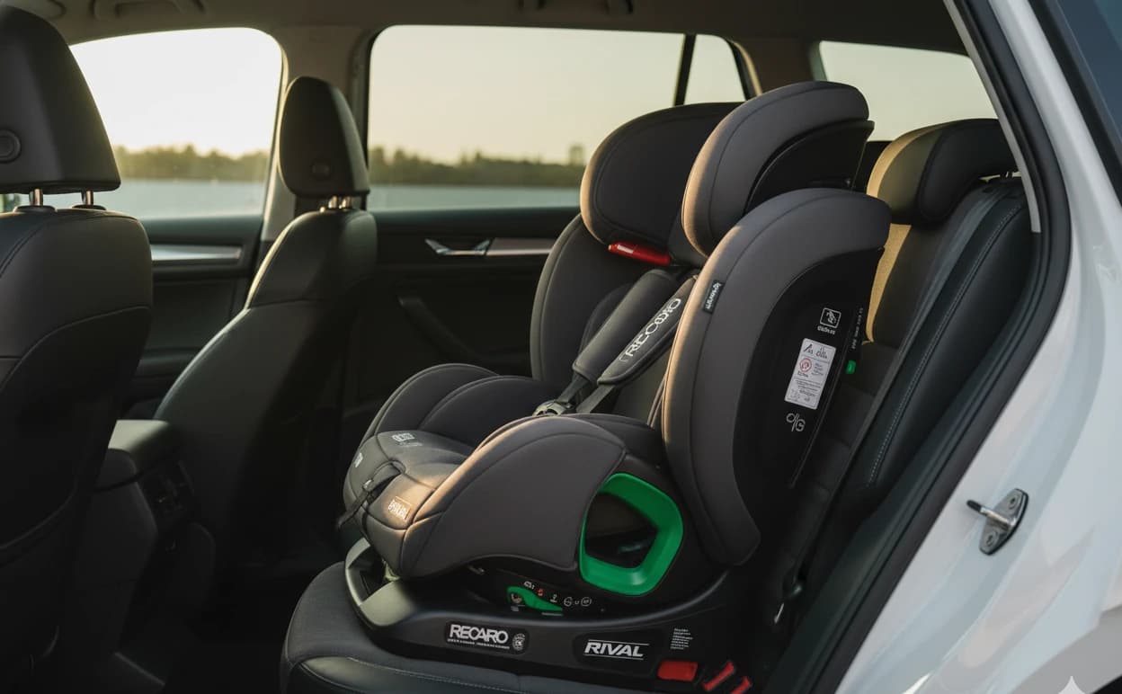 Prémiová autosedačka Recaro nainštalovaná v zadnom sedadle bieleho Škoda Kodiaq