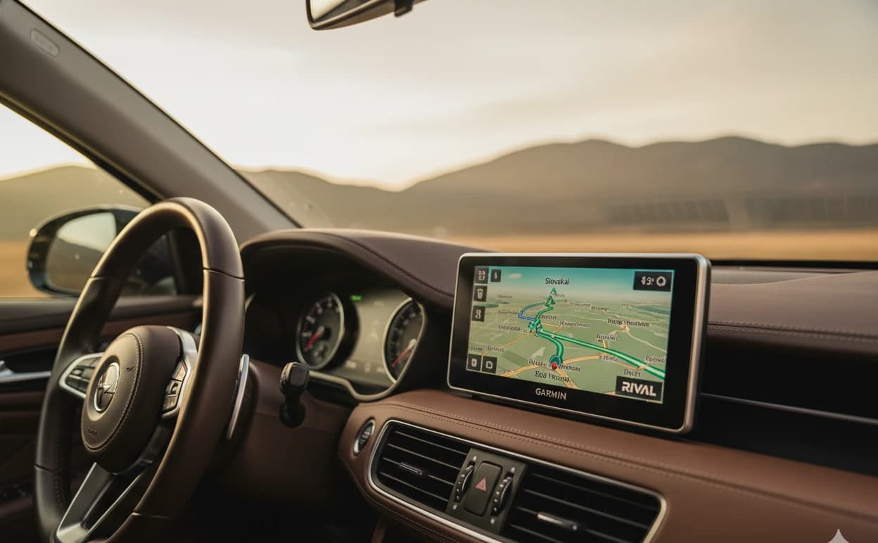 GPS navigácia Garmin na palubnej doske prémiového auta so slovenskou mapou