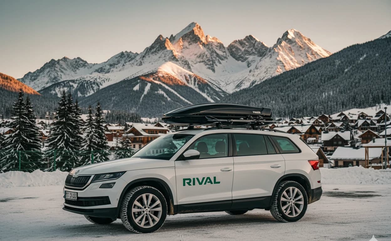 Čierny Thule strešný box na bielom SUV RIVAL v alpskom lyžiarskom stredisku